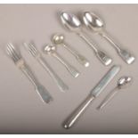 A quantity of silver flat wares to include spoons, fork, knife etc, various hallmarks. 250g.