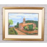 A gilt framed gouache painting, rural/church scene.