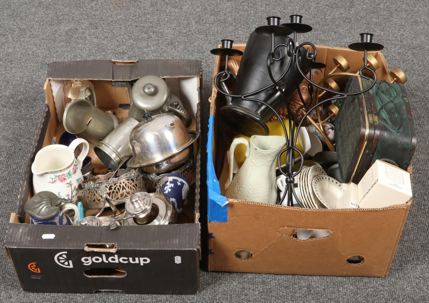 Two boxes of miscellaneous, mainly metal wares, tankards, Teapot, dishes, ceramic jug etc