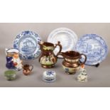 A collection of ceramic's, Copper Lustre ware moulded jugs, Wedgwood bowl, Delft Blue trinket etc