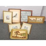 A collection of mostly prints to include gilt framed landscapes, framed cigarette cards etc.