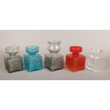 Five Dartington glass vases or candle holders by Frank Thrower. One FT62 moulded flower design in