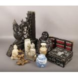 A collection of Oriental collectables, to include wooden carving, mother of pearl inlay box, vase