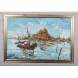 A large framed oil on canvas, seascape with a boat and building to the background.