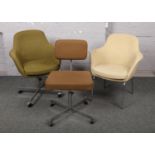 Three retro office chairs with chrome supports, to include two swivel examples.