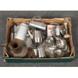 A box of metalwares, mainly silver plate, teapot, coffee pots, serving trays etc