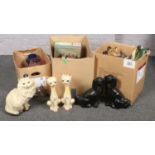 Three boxes of miscellaneous, mainly ceramic figurines, vases, tea pot, mantel dogs etc