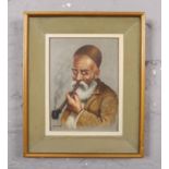 Kazarian, A framed oil on board, portrait of an Eastern gentleman smoking a pipe. (23cm x 17cm).