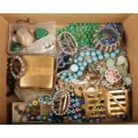 A box of costume jewellery and collectables including beads, gilt compact, expanding bracelet,