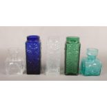 Three Dartington glass Marguerite vases FT228 blue, kingfisher and clear and two candle holders FT66