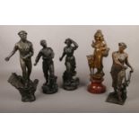 A collection of five spelter figures, mainly workers, to include a pair after CH Ruchot etc.