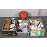 Three boxes of miscellaneous, to include Crown Devon, stool, vintage bag, clocks etc.