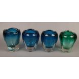 Four Whitefriars glass lobed vases by Geoffrey Baxter, three Kingfisher blue and one aquamarine