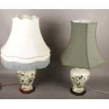 A pair of Masons table lamps in the chartreuse design with different shades.