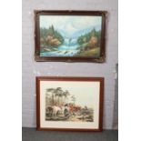 A large framed oil on canvas, alpine landscape scene (59cm x 90cm), along with a large framed