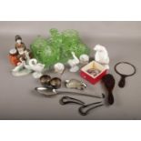 A mixed lot to include Lladro, Nao, silverplate, uranium glass dressing table set etc.