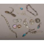 A box of silver jewellery including a teardrop amethyst bracelet, moonstone and butterfly wing