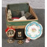 A box of miscellaneous, Pedestal clock, Vintage rolling pin, Album of photographs, ceramic perfume