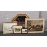 An octagonal gilt frame wall mirror along with a collection of prints.