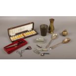 A group of collectables, pen knives, Pinking Shears, Spoons to include Vintage Biomedic cased set