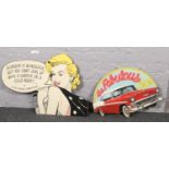 A Marilyn Monroe 7 Year Itch pop art plaque and another the Fabulous 50s with a Cadillac.