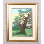 A gilt framed gouache painting, tree scene