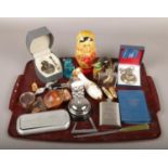 A tray of collectables, to include America Sports pocket watch, Russian doll, coins etc.