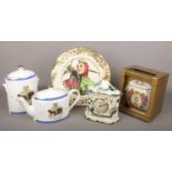 A Ringtons centenary teapot and caddy, Ringtons Golden Jubilee caddy a Royal Doulton Jester plate