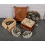 A box of miscellaneous, to include framed silhouettes, pine wall cupboard, glass ceiling lights etc.