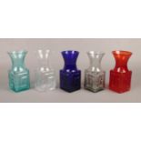 Five Dartington glass Greek key moulded vases by Frank Thrower, FT58. In five colour variations,