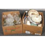 Two boxes of miscellaneous, Denby, Copeland & Garrett examples, cut crystal vases, cake stand,