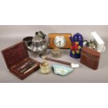 A collection of miscellaneous, Enamel coffee pot, Pewter Teapot, Midland bank money box, Me