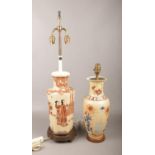 Two Oriental table lamps, one decorated with figures, the other with flowers. Foot missing to one