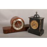 A walnut cased Westminster chime mantel clock, along with a slate example.