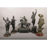 Five spelter figures, to include knight on horseback etc.