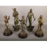 A collection of five spelter figures, to include example after Rancoulet etc.