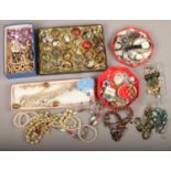 A box of assorted dress jewellery including clip on earrings, beads and necklaces etc.