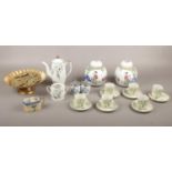 A collection of ceramics and brass, tea set, horse brasses, ginger jars etc