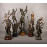 Five large spelter figures, to include a pair after Auguste Moreau etc. (Tallest 75cm).