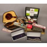 A box of costume jewellery and collectables including silver backed brush set, buttons and sewing