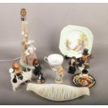 A group lot of ceramics to include Nao table lamp, Geobel figures, Royal Doulton figures, Shelley,