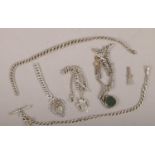 A collection of silver jewellery to include chains, pendants, fobs etc, 160g.