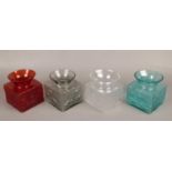 Four Dartington glass textured bark vases by Frank Thrower, shape FT101. In flame, kingfisher, clear