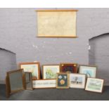 A collection of prints, watercolours and oil on board to include a gilt framed dressing table