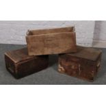 Two locking wooden crates with stencilled lettering, along with a Crompton example.