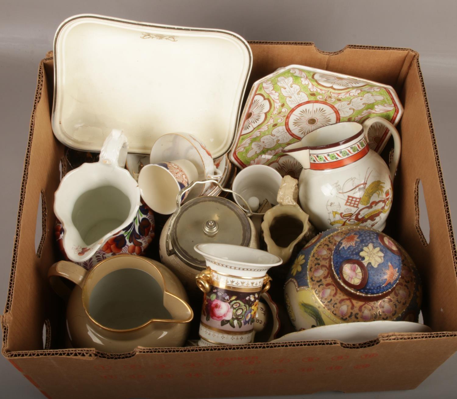 A box of assorted ceramics including 18th century pieces, Regency porcelain vase, gaudy welsh jug,