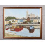 P Curson, A framed oil on board, harbour scene. (40cm x 50cm).