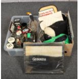 Two boxes of Guinness memorabilia, to include glasses, beer mats, signs, clothing etc.
