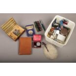 A box of collectables to include spade guinea gaming token, medals, coins, 14ct nib fountain pens,