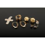 A collection of gold jewellery, to include three pairs of 9ct gold earrings, two odd earrings, and a